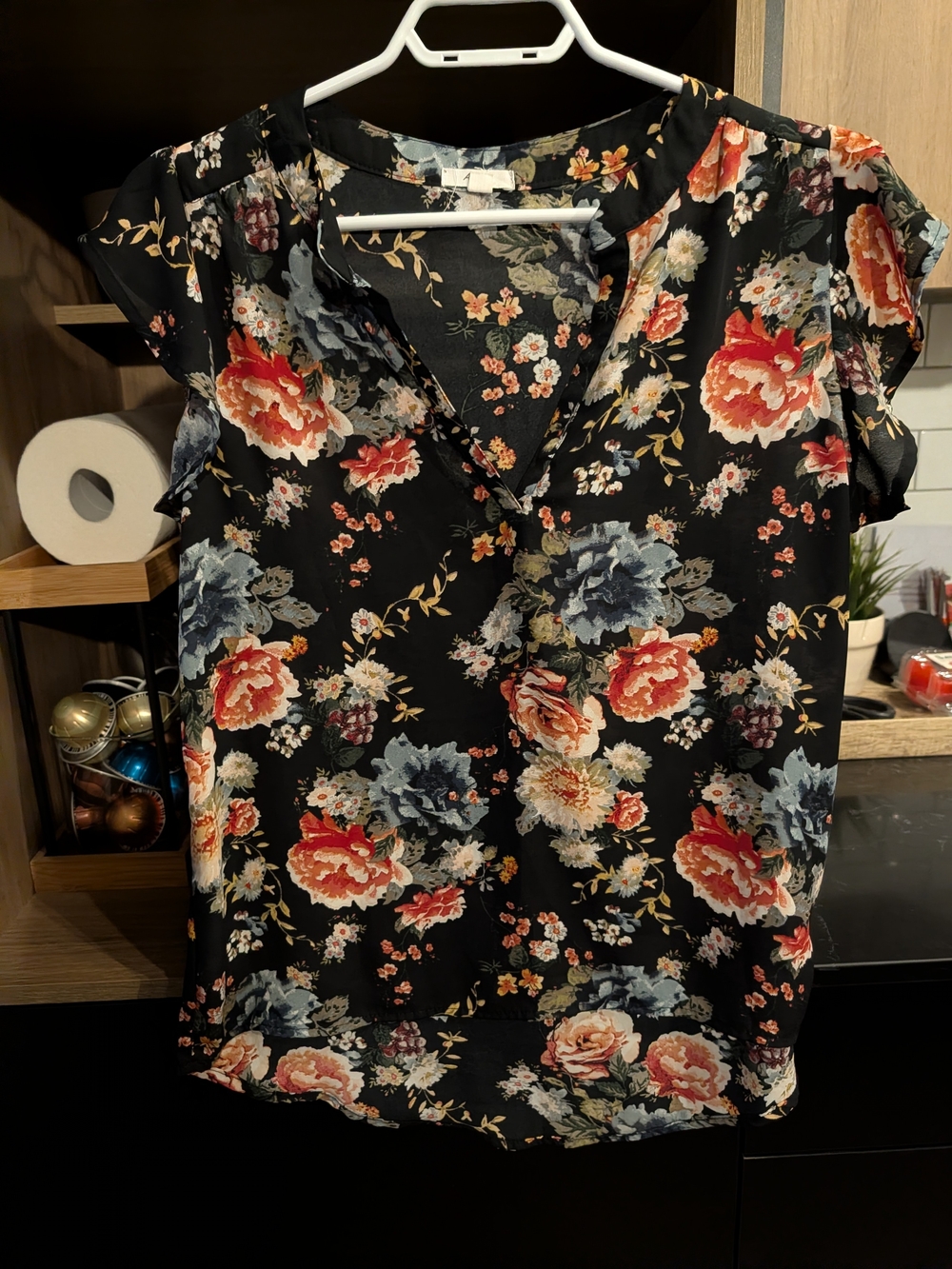 Ardene Black Floral V-Neck Blouse with Red & Blue Flowers